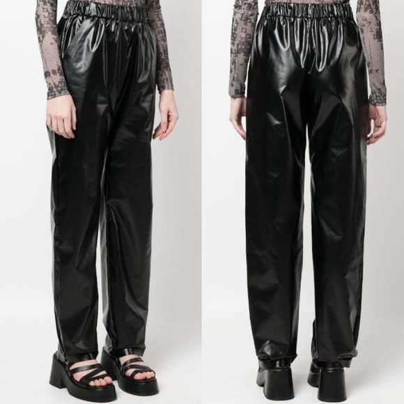 KASSL EDITIONS High Shine Straight Pull On Black Faux Leather Pants Trousers - Picture 3 of 10